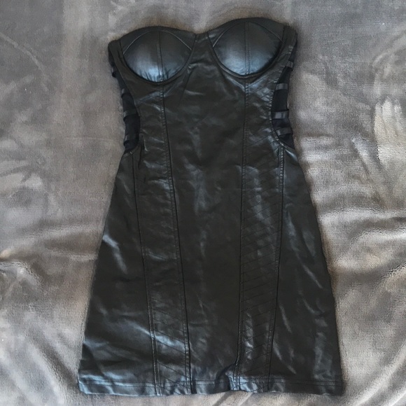 Strapless bodycon faux leather dress